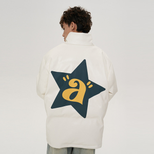 ATRY美式星星A字母皮羽绒服外套 国潮牌街头冬季情侣立领羽绒衣男