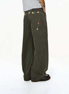 ATRY花卉刺绣休闲裤女秋2025新款美式复古弯刀裤宽松绿色工装裤男