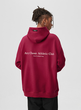 ATRY玫红色连帽卫衣男款秋冬潮牌美式重磅复古宽松套头情侣帽衫女