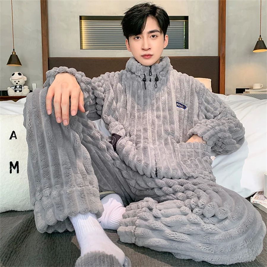 Coral Fleece Men Winter Warm Pajamas Sets Stand Collar Fluff