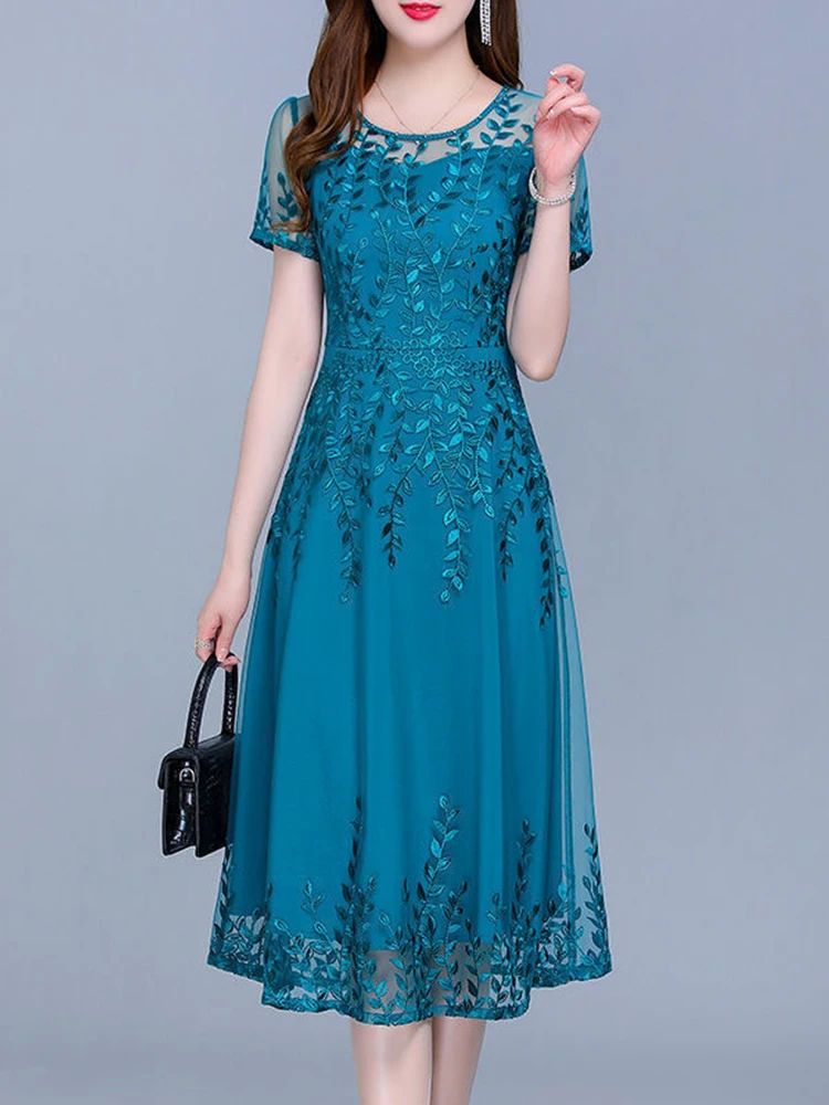 Blue Casual Chiffon Mesh Korean Long Dress Summer Women New