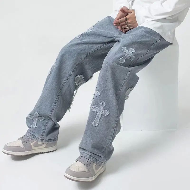 Fashion Trousers Cross Denim Pants Streetwear Hip Hop Low Ri