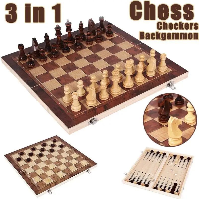 3 in 1 Chess Board, Folding Wooden Portable Chess Game Board