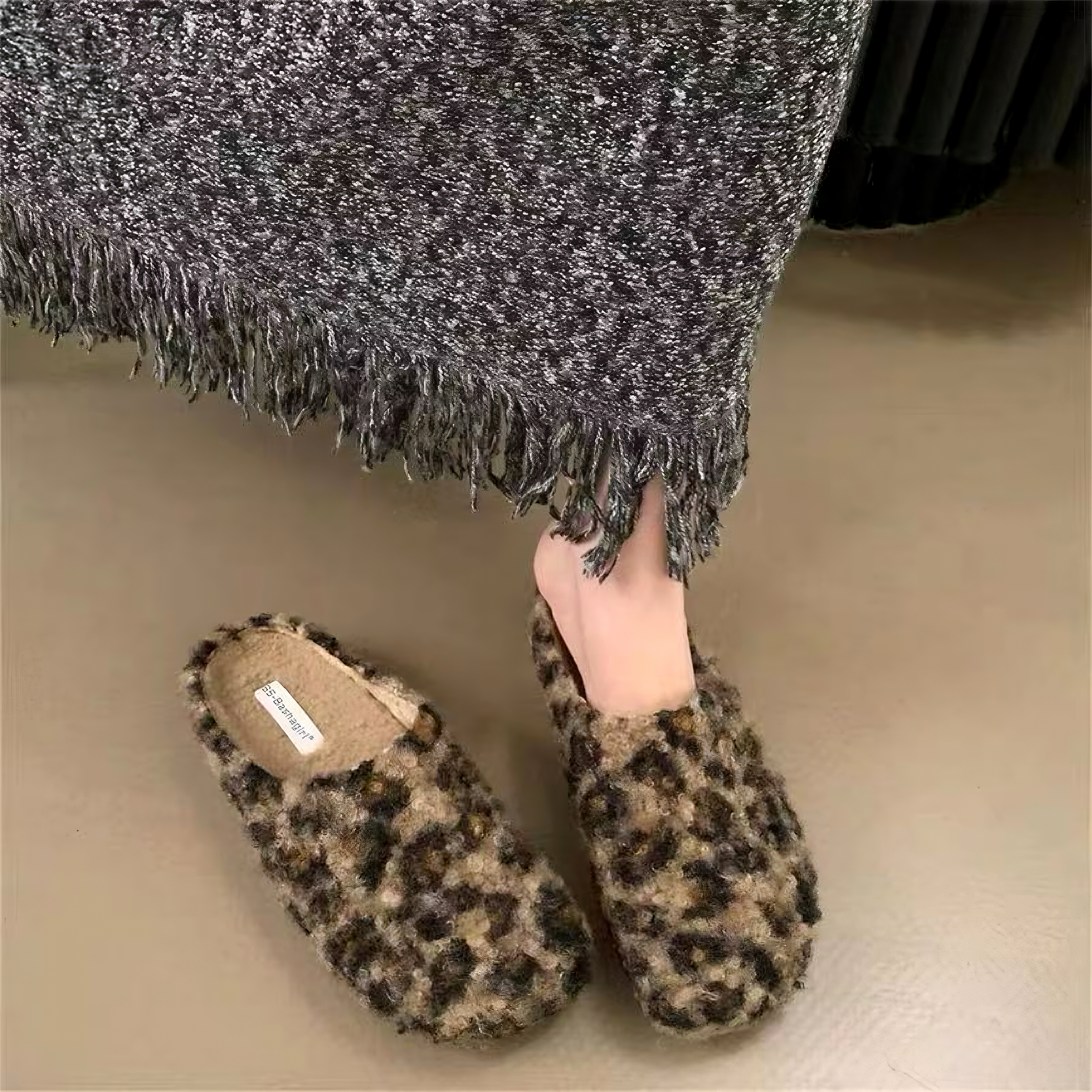 豹纹毛毛拖包头厚底勃肯棉拖鞋女