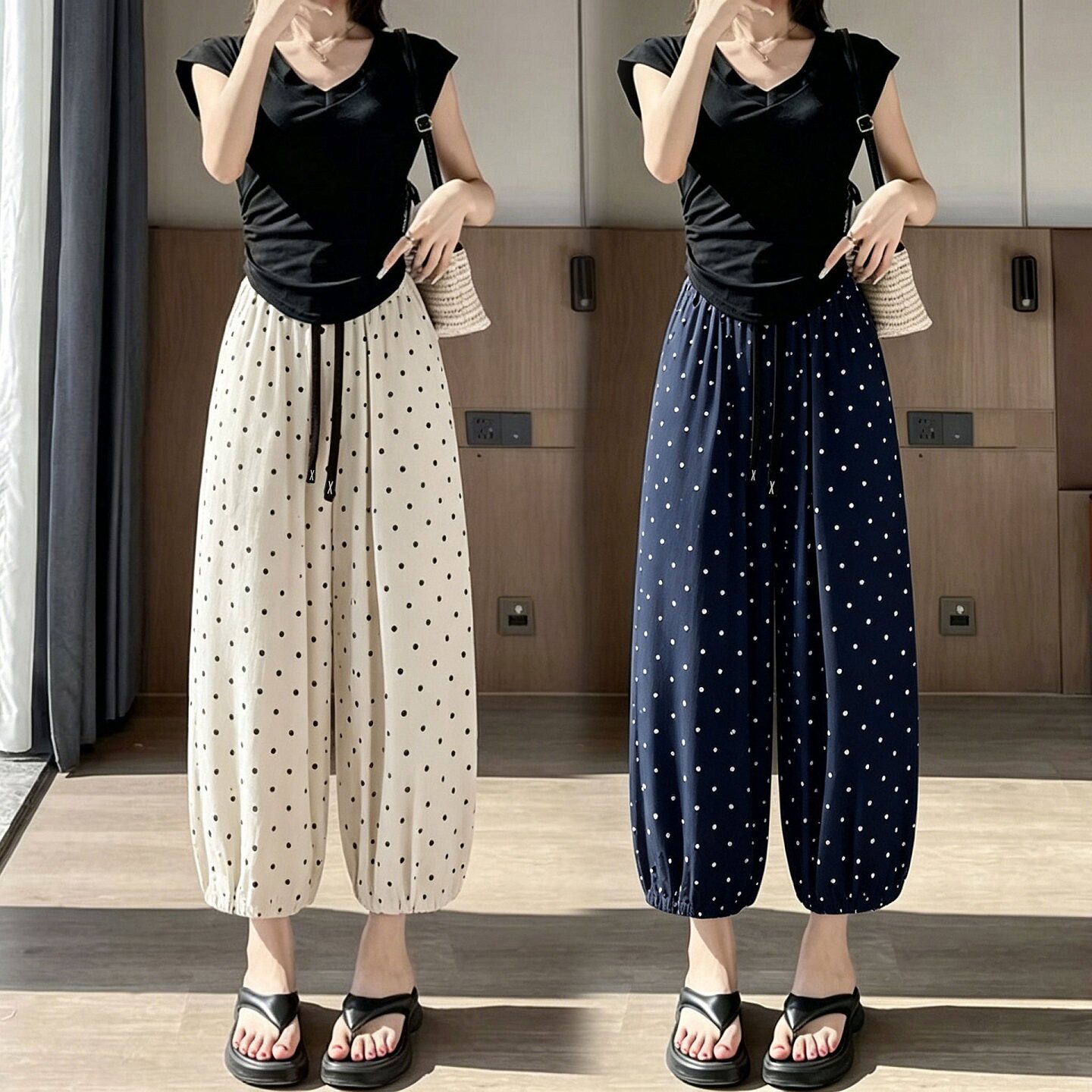 凉凉灯笼裤女2026夏季薄款宽松束脚防晒裤波点裤子冰丝九分休闲裤