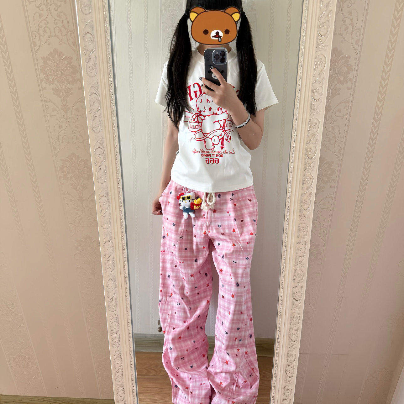 美式复古条纹格子拼色阔腿裤女夏季薄款百搭垂感直筒宽松休闲长裤