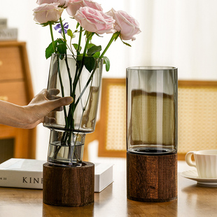 高级感新中式带木托 托花瓶玻璃客厅插花水培富贵竹鲜花餐桌装饰