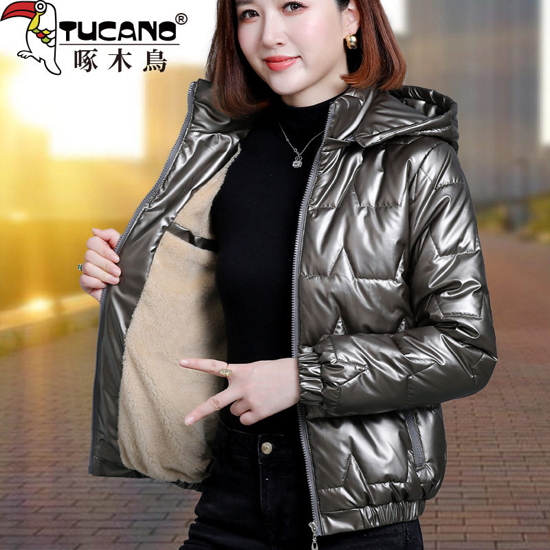 啄木鸟免洗亮面棉服女短款冬季2025新款爆款棉袄加绒加厚羽绒棉衣