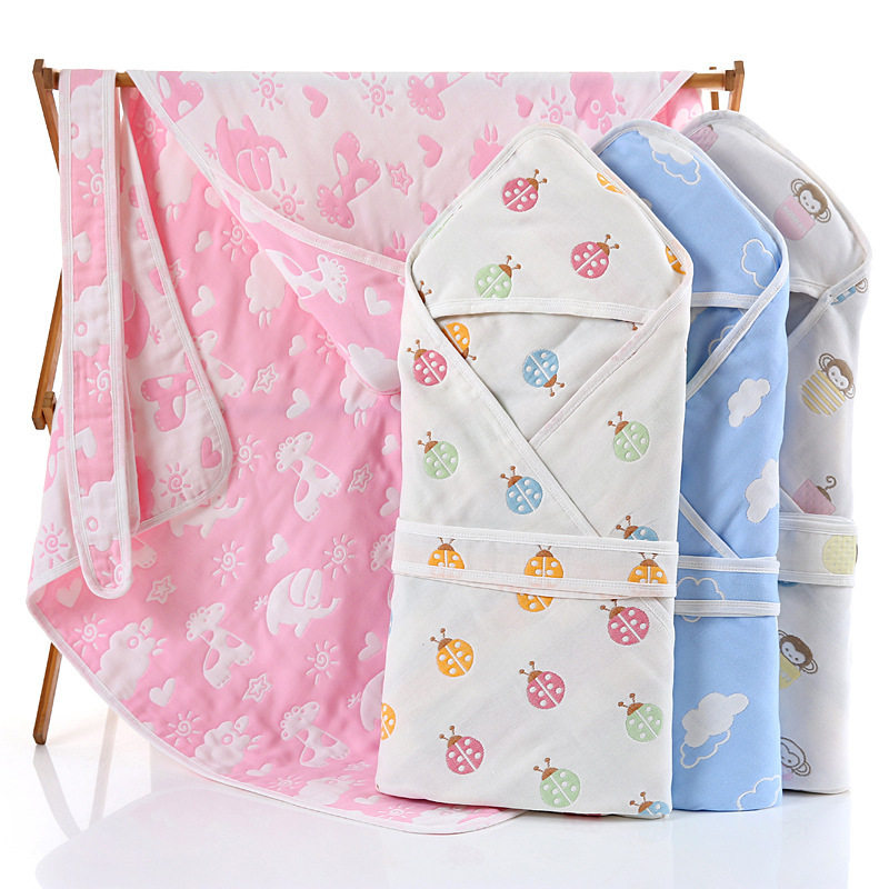 纯棉纱布六层婴儿抱被 吸水带帽浴巾婴儿包巾儿童带腰带可裹抱被