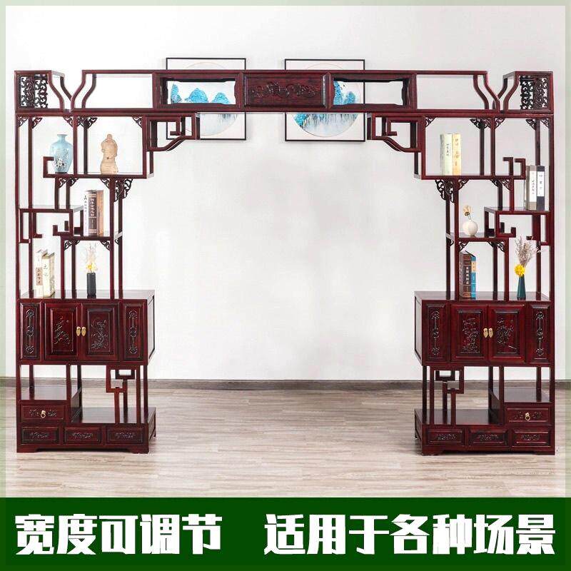 可伸缩实木月洞门客厅隔断拱门玄关展示柜新中式圆拱门背景墙定制