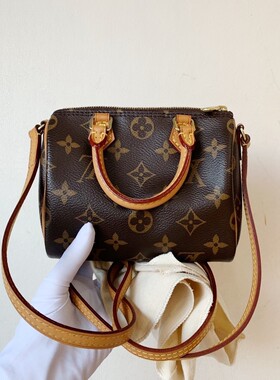 二手LVsp nano老花 Speedy nano 单肩斜挎手提包 附尘袋