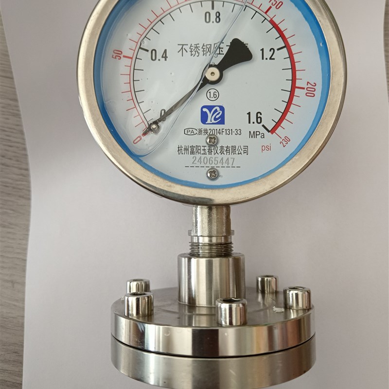 YNTP100BF 304不锈钢耐震隔膜压力表 1.6Mpa螺纹法兰DN25耐酸碱粘