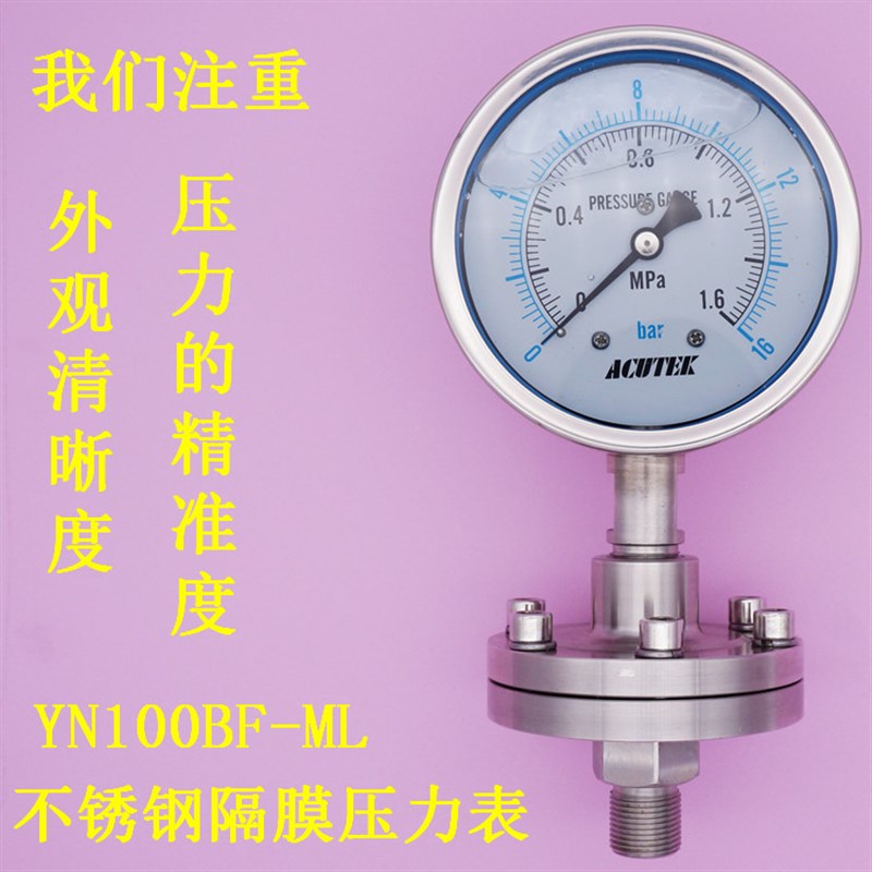 316螺纹式不锈钢耐震隔膜压力表 YN100BF-ML  1.6MPA 20*1.5