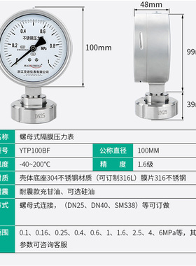 隔膜压力表YTP100BF/MN 卫生型膜片活接螺母式DN25 DN50 SMS38
