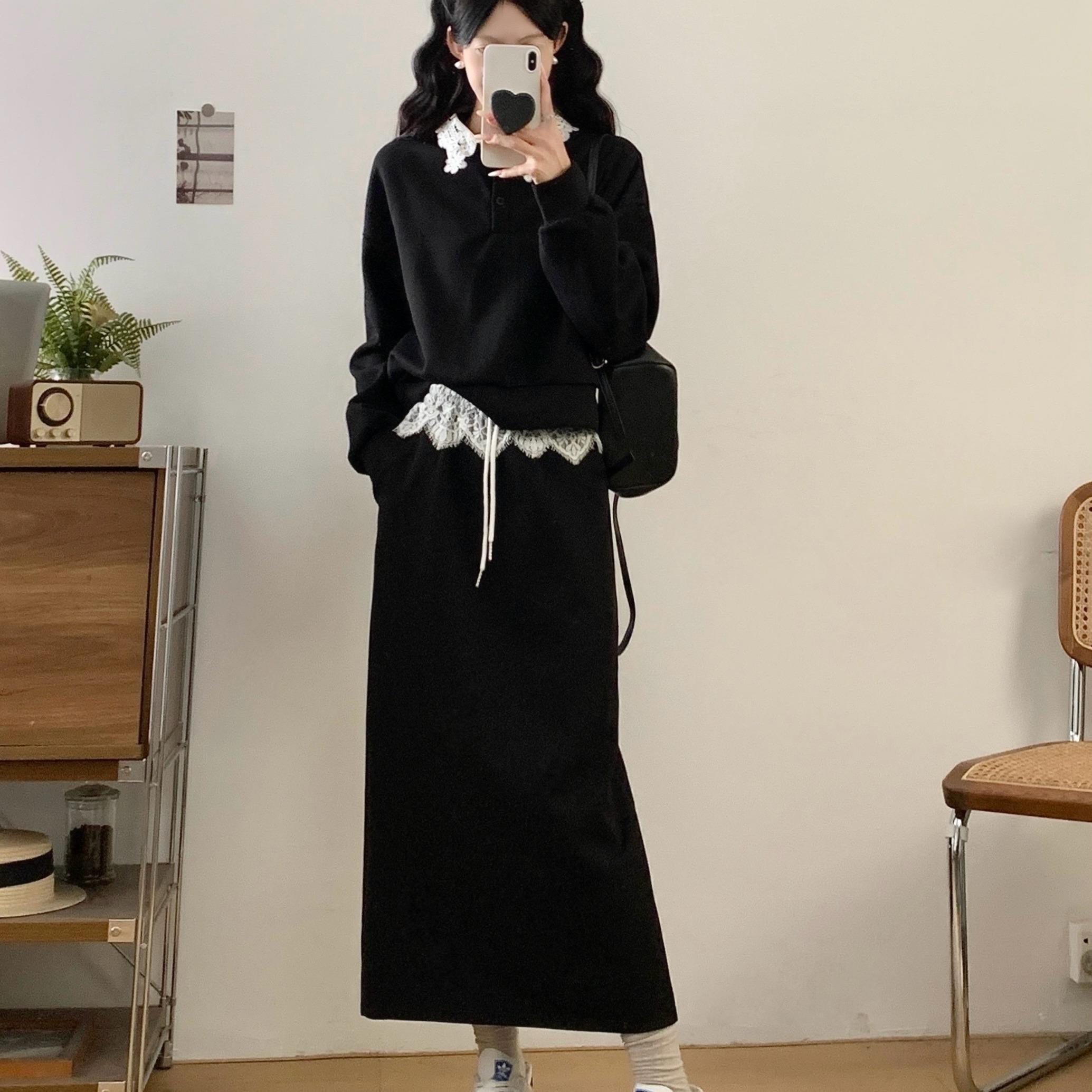 MONLOUVE大码时尚休闲套装女2025秋新款胖mm蕾丝拼接卫衣口袋半身