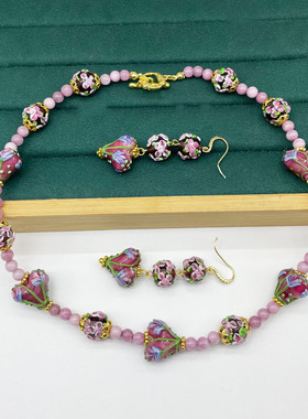 中古vintage穆拉诺琉璃印花紫色爱心花朵复古优雅项链耳坠饰品