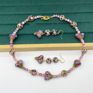 中古vintage穆拉诺琉璃印花紫色爱心花朵复古优雅项链耳坠饰品