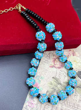 中古vintage蓝色穆拉诺琉璃花朵串珠优雅气质法式项链配饰