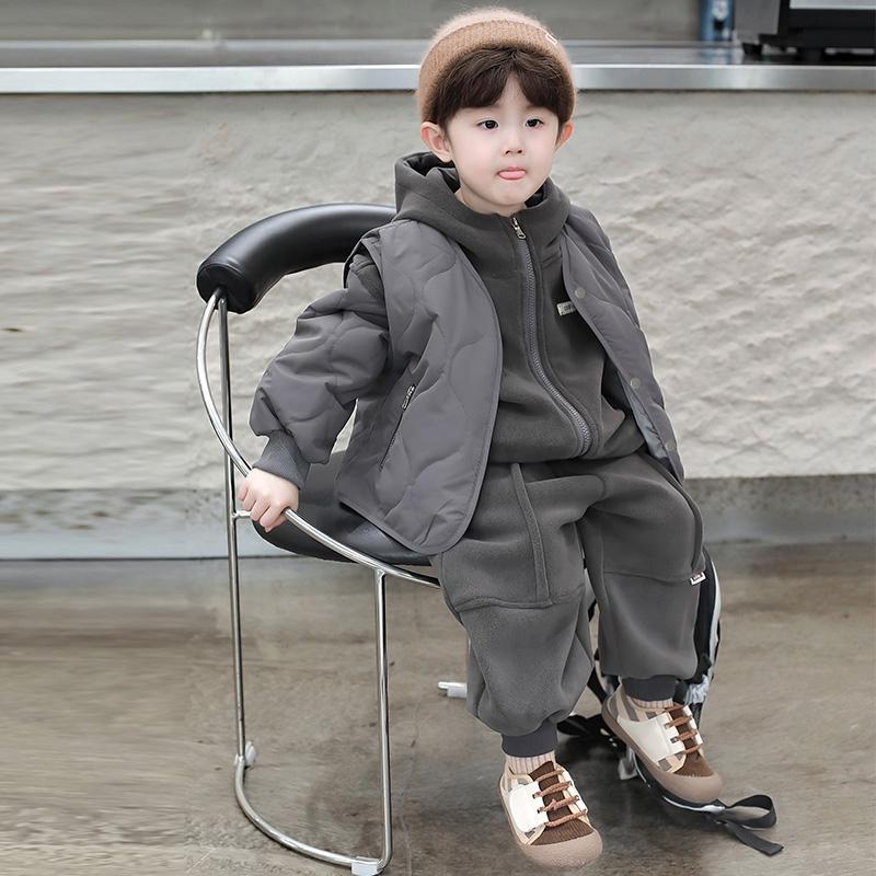全棉纯棉男童夹棉三件套加厚儿童冬连帽卫衣加绒套装宝宝冬装棉服