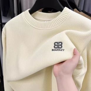 圆领毛衣保暖休闲针织衫 套头加绒加厚保暖打底秋冬季 上衣 新款 男士