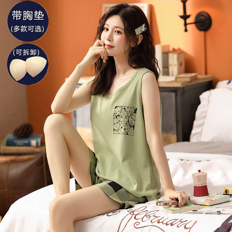 5XL带胸垫睡衣女夏季纯棉无袖背心短裤套装薄款2023年新款家居服
