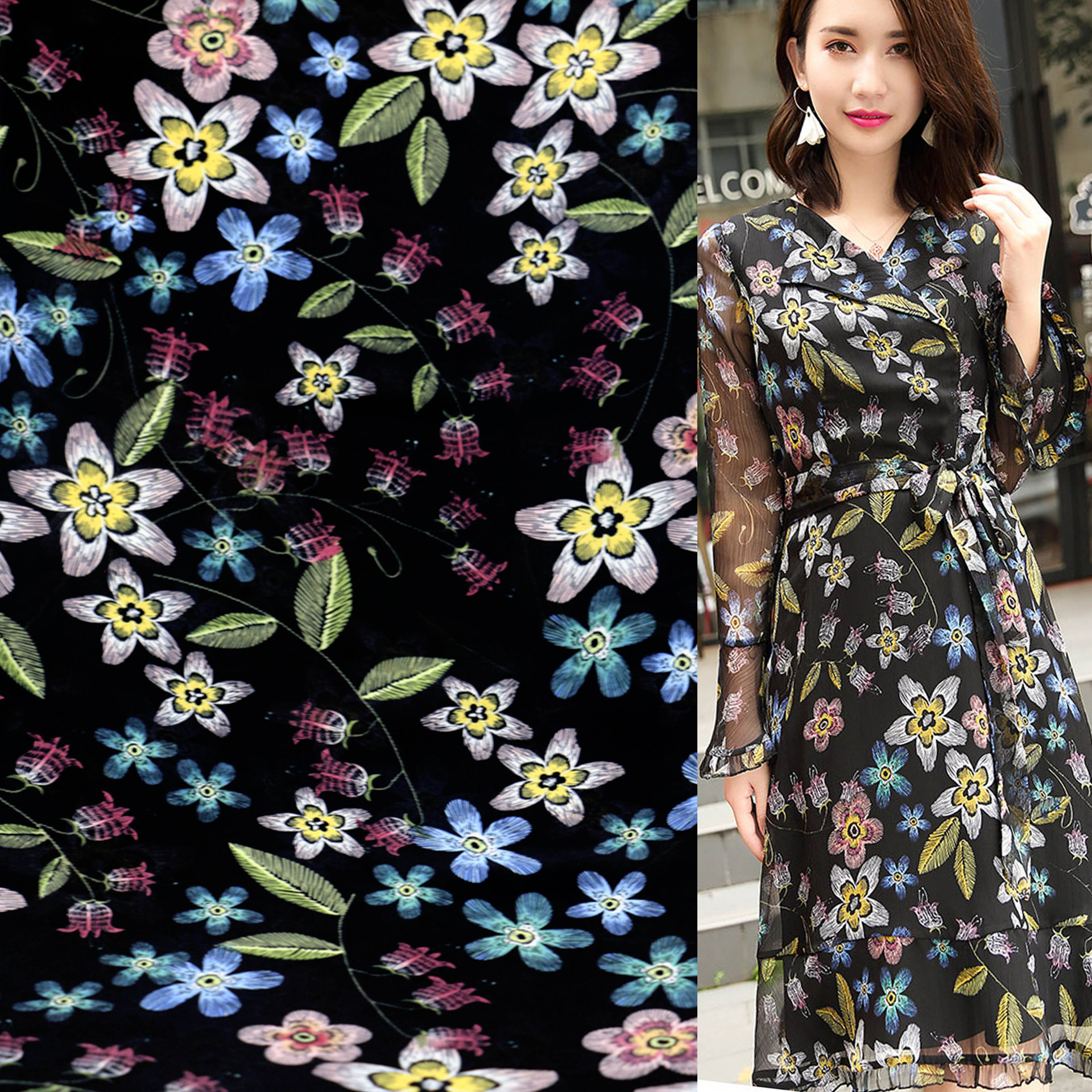 数码印花布料雪纺面料 经典花朵汉服面料 裤装连衣裙服装面料