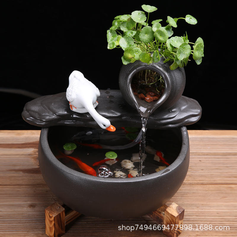 简约循环桌面办公喷泉流水鱼缸摆件陶瓷加湿器古法生态养鱼过滤