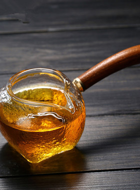 日式锤目纹侧把玻璃公道杯可加热锤纹公杯木把茶海木把玻璃分茶器