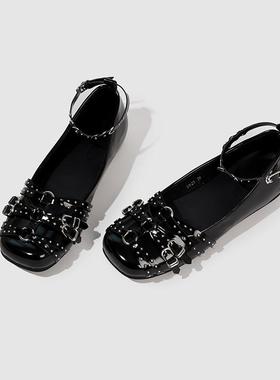 JW stylish 复古芭蕾舞鞋 女夏季平底单鞋铆钉内增高浅口玛丽珍鞋