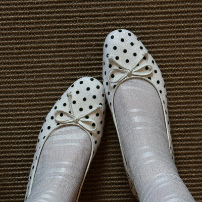 JW stylish 马毛蝴蝶结毛绒白色波点鞋女 内增高玛丽珍鞋浅口单鞋
