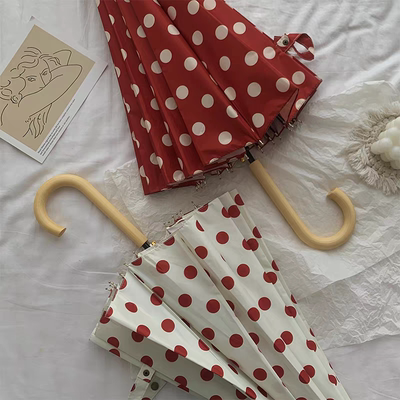 JW stylish 复古法式波点晴雨伞 氛围感ins长柄太阳伞防晒长把伞