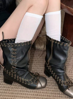 JW stylish 复古做旧系带骑士靴女 秋季小众大筒围机车靴中筒靴子