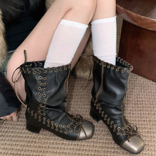 秋季 复古做旧系带骑士靴女 小众大筒围机车靴中筒靴子 stylish