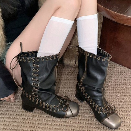 JW stylish 复古做旧系带骑士靴女 秋季小众大筒围机车靴中筒靴子