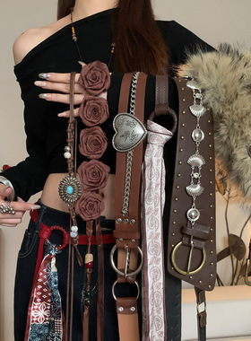 JW stylish 复古波西米亚棕色腰带女小众铆钉皮带民族风腰封配饰