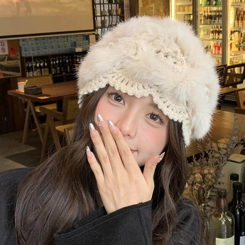 兔绒针织帽毛毛帽子真毛兔毛绒皮草帽韩版百搭防寒保暖毛线针织包