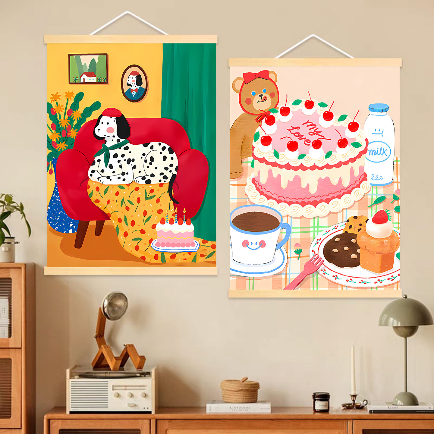 ins多巴胺儿童房卧室挂画治愈系甜品咖啡烘焙奶茶店装饰卡通布艺图片