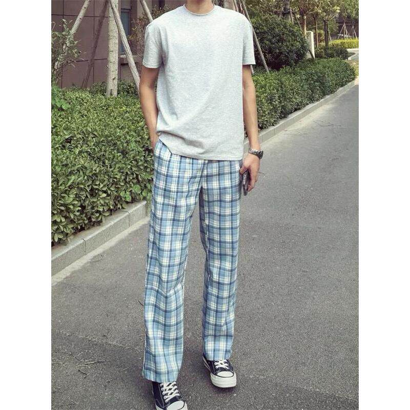 美式秋季男士蓝色格子系带休闲长裤宽松直筒裤男装2025新款学生卫