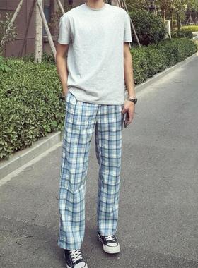 美式秋季男士蓝色格子系带休闲长裤宽松直筒裤男装2025新款学生卫