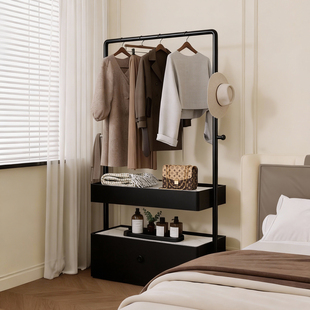 轻奢衣帽架落地卧室家用一体床头柜高级感实木带抽屉收纳柜挂衣架