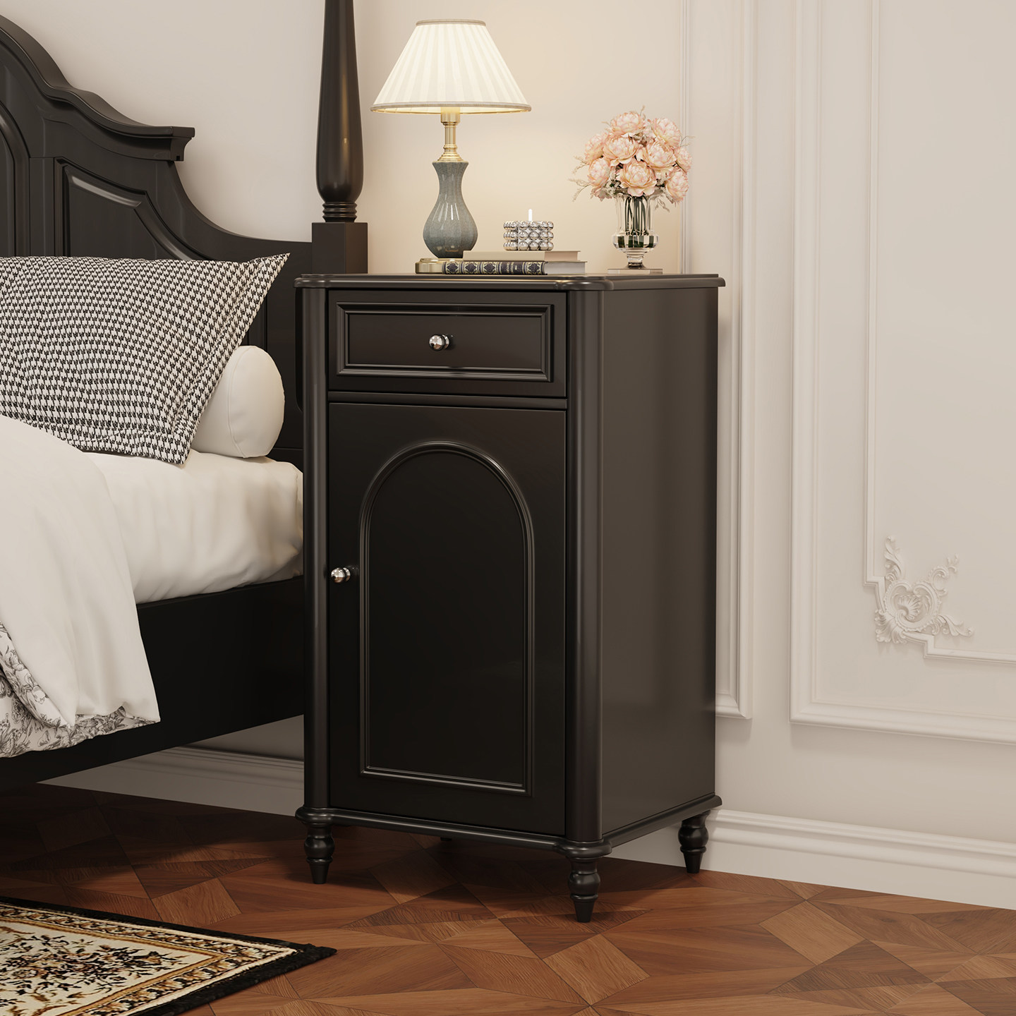 法式复古床头柜保险柜一体大容量家用卧室实木烤漆黑色虎牌保险箱