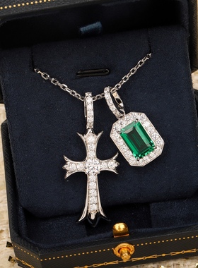 高定绿宝石镶钻十字架吊坠项链通体925纯银镀金富婆千金奢华颈链