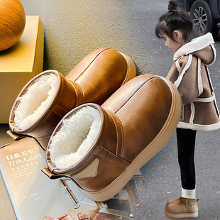 澳洲进口儿童皮面防水亲子雪地靴男童女童保暖加绒加厚大棉鞋厚底