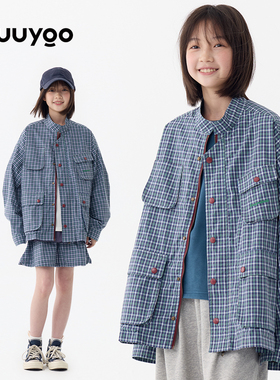 KUUYOO多口袋休闲格纹外套中大童春秋款休闲上衣儿童宽松工装夹克