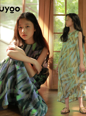 KUUYOO摇曳水草连衣裙夏季中大童透气背心裙儿童轻薄宽松长裙