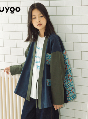 KUUYOO复古和服拼色外套中大童秋季斜开襟撞色儿童新款宽松道袍