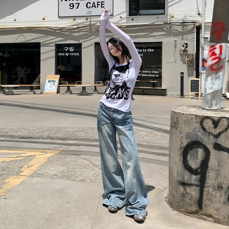 美式复古水洗低腰牛仔裤女2025春秋新款宽松不贴腿阔腿直筒拖地裤