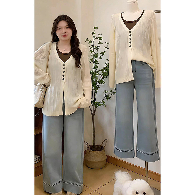 假两件V领正肩针织衫开衫女2026早春新款大码胖mm遮肚慵懒风上衣