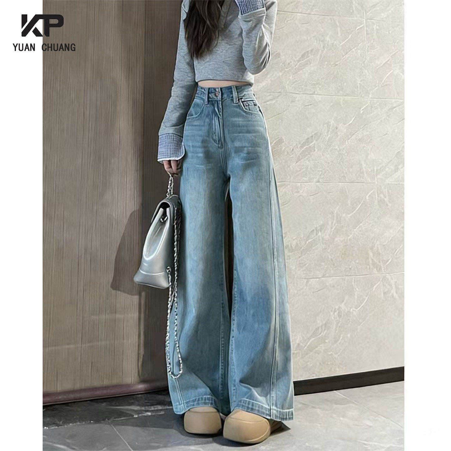 浅蓝色阔腿牛仔裤女2026早春新款高腰垂感显瘦百搭小个子直筒裤子