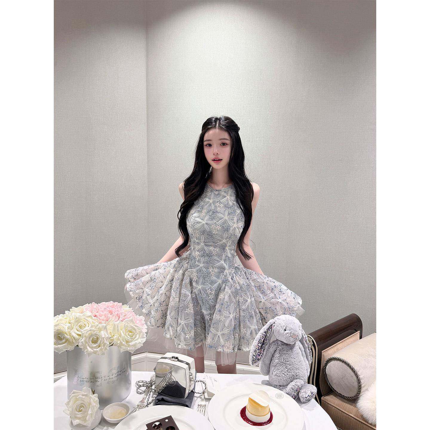 Qiauuu雾灰清矜 定染雾兰*盘带绣 甜美花朵蓬蓬公主风洋装女